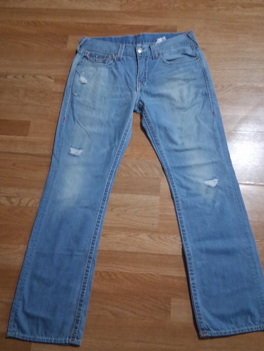 True Religion Light Blue Straight Leg Distressed Jeans